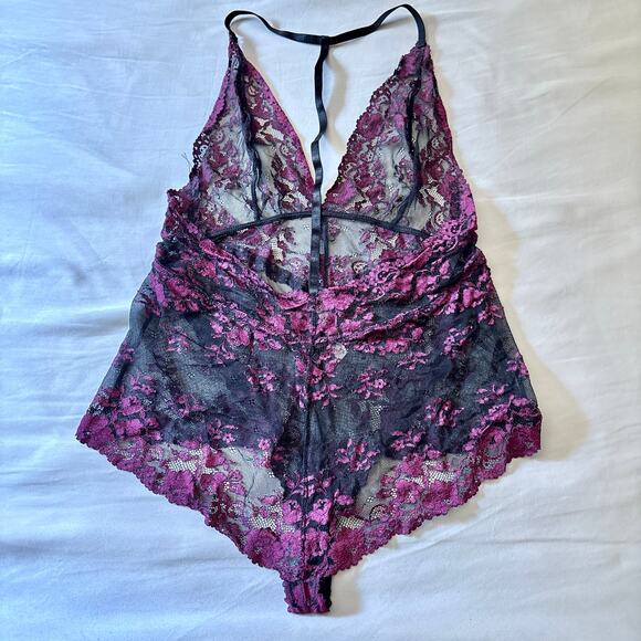 Free People Too Cute to Handle Teddy Bodysuit Lace Lingerie Black Fuchsia Medium - Picture 5 of 7